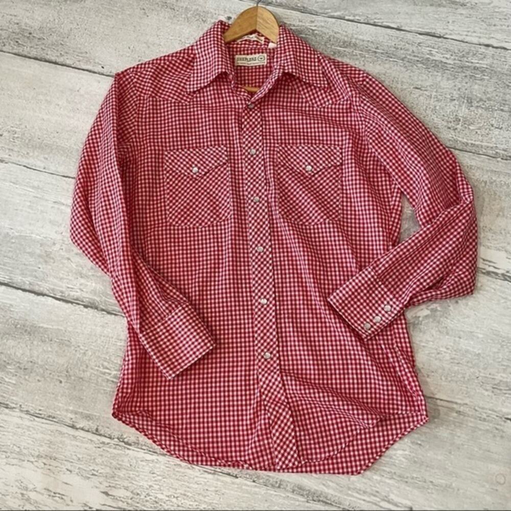 Vintage Pearl Snap Shirt Red White Checkered Sheplers Western Lng Sleeve 15.5 34